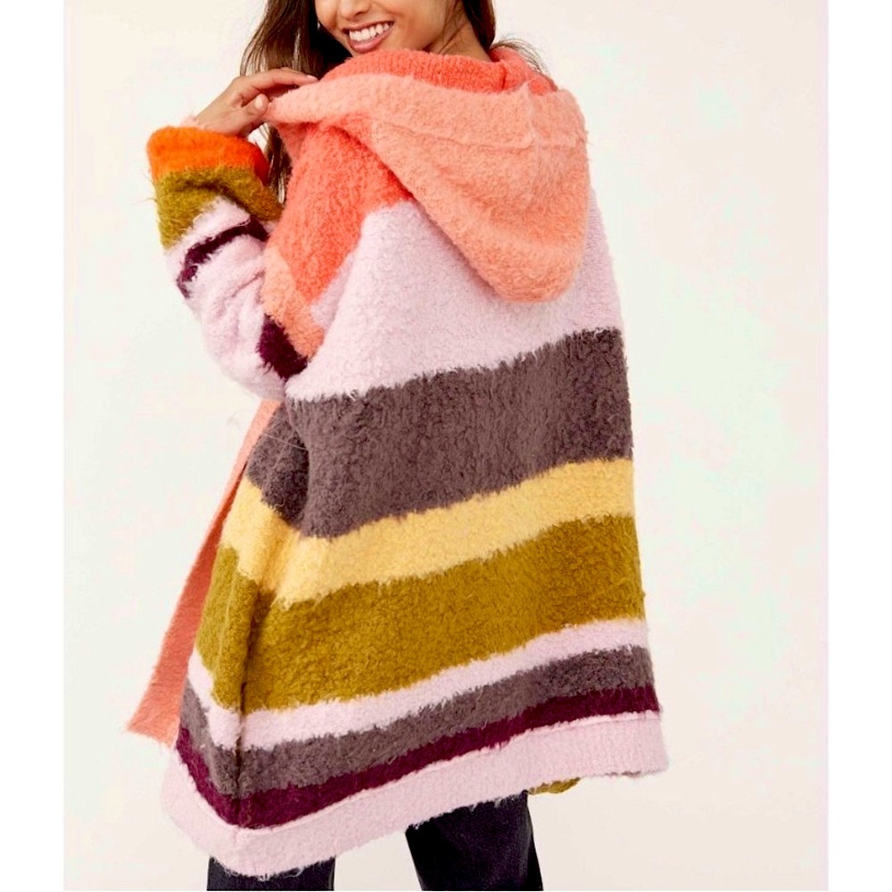 NWOT Free People Dream Team Oversized Striped Fuzzy Eyelash Cardigan, Size XS
